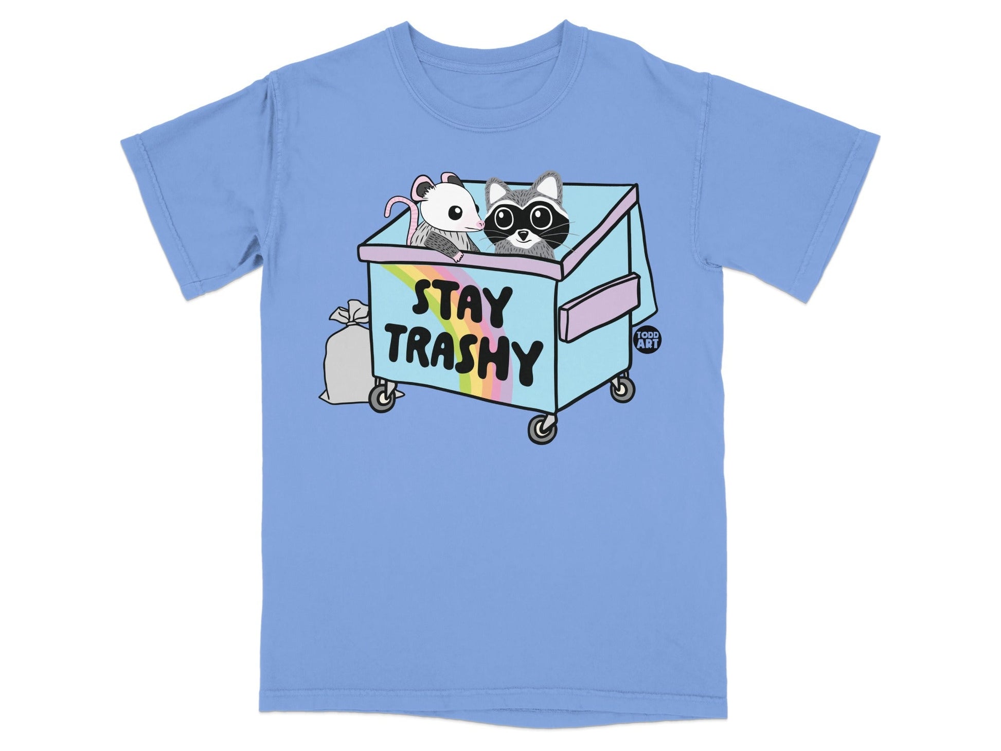 Raccoon and mouse in a dumpster with "STAY TRASHY" text and rainbow.