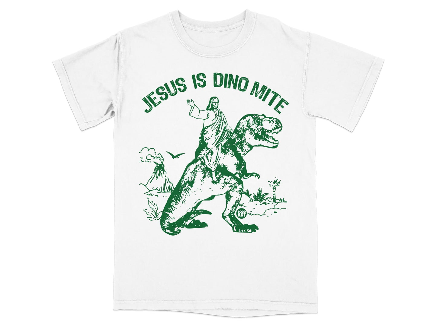 Jesus riding a T-Rex with text "Jesus is Dino Mite" above.