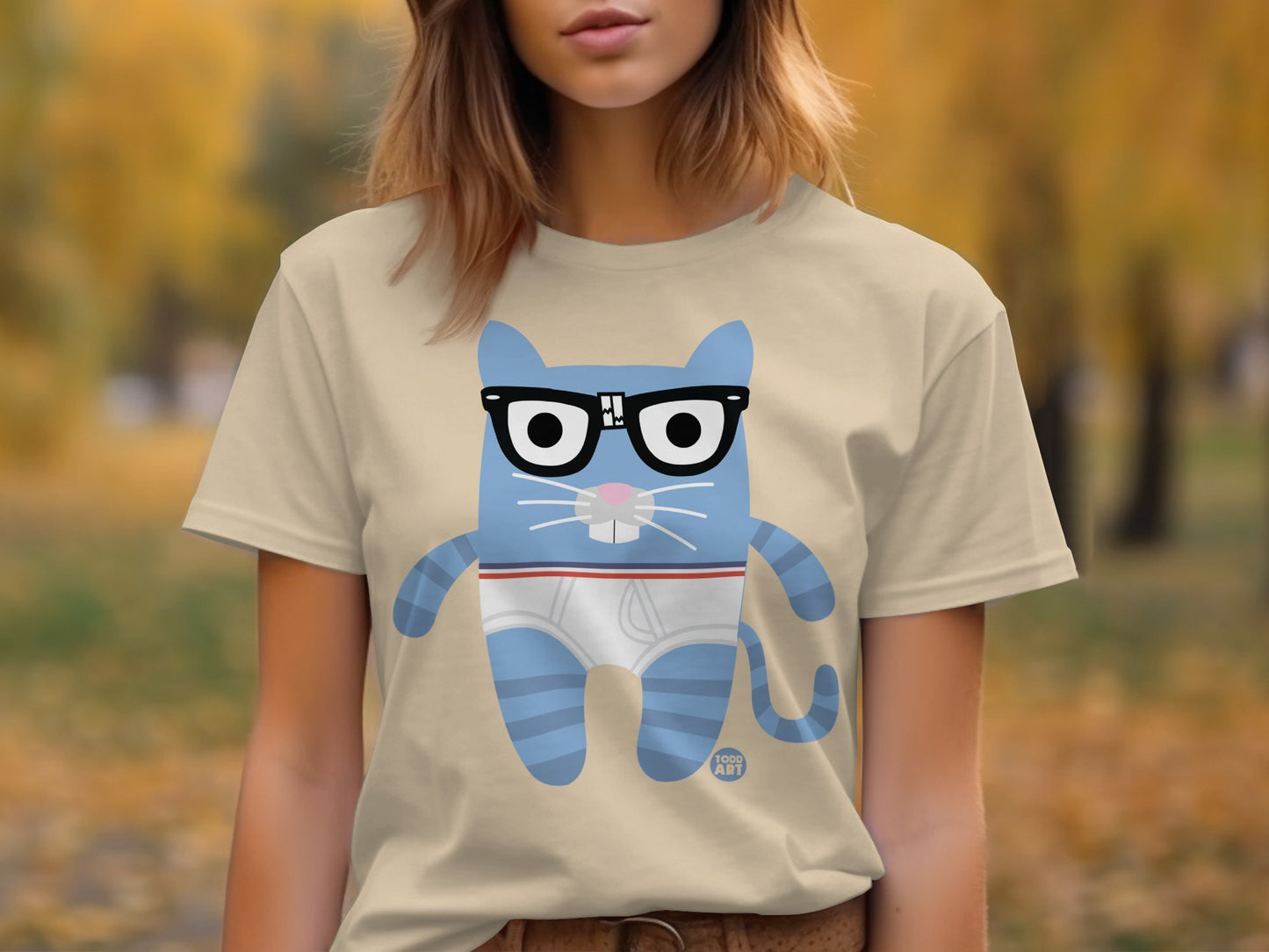 Funny Glasses-Wearing Blue Cat Illustration T-Shirt