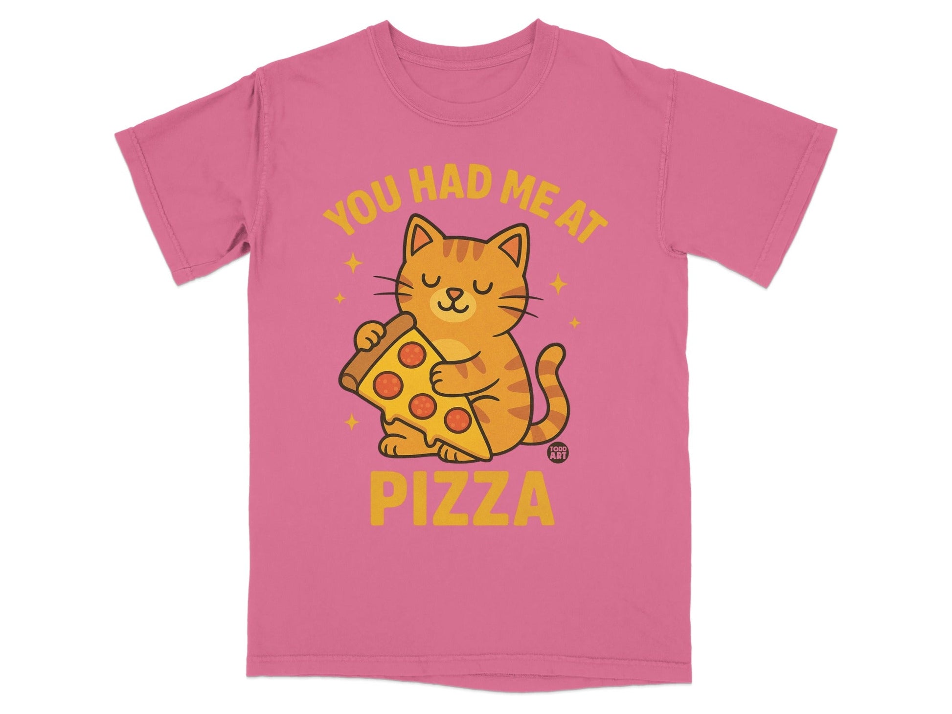 Pink t-shirt with a cartoon cat holding a slice of pizza.