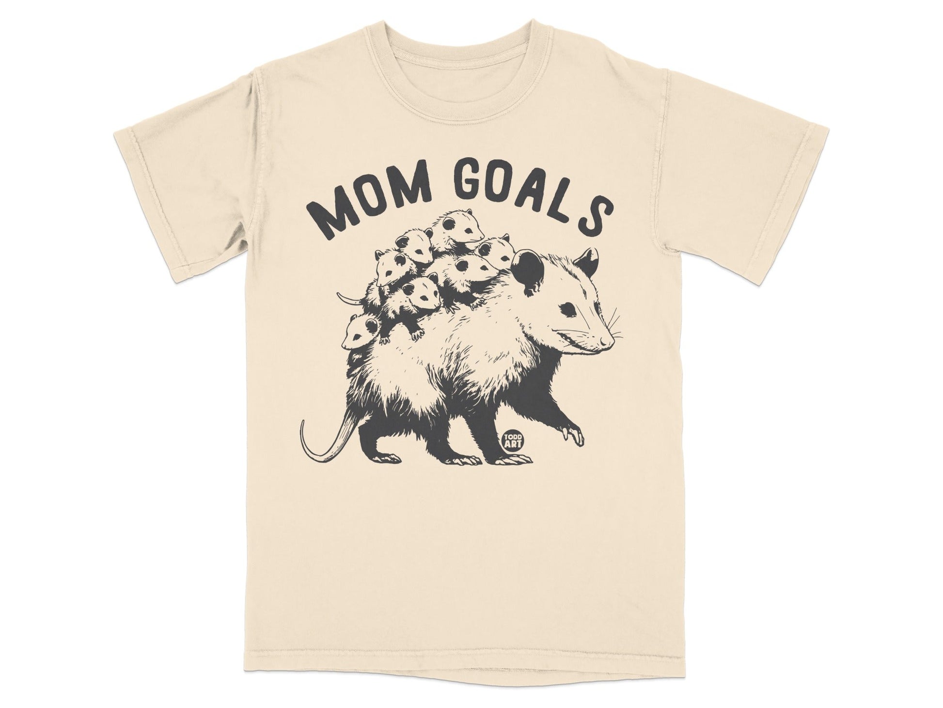 Opossum carrying babies on its back with "MOM GOALS" text.