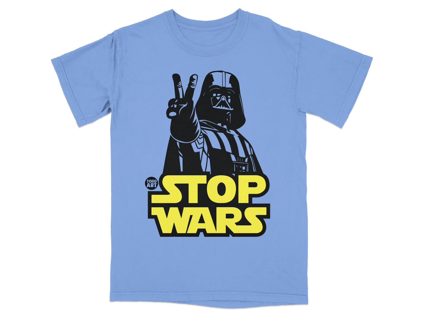 Light blue t-shirt with Darth Vader making a peace sign and "STOP WARS" text.