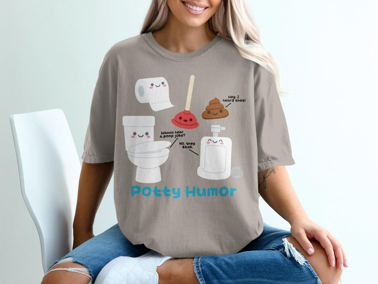 Toilet paper, toilet, and soap dispenser with cartoon faces, text "Potty Humor."