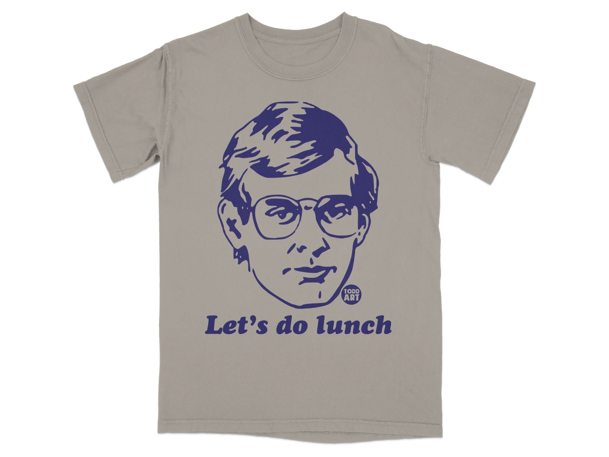 Grey t-shirt with blue graphic of a man's face and "Let's do lunch" text.
