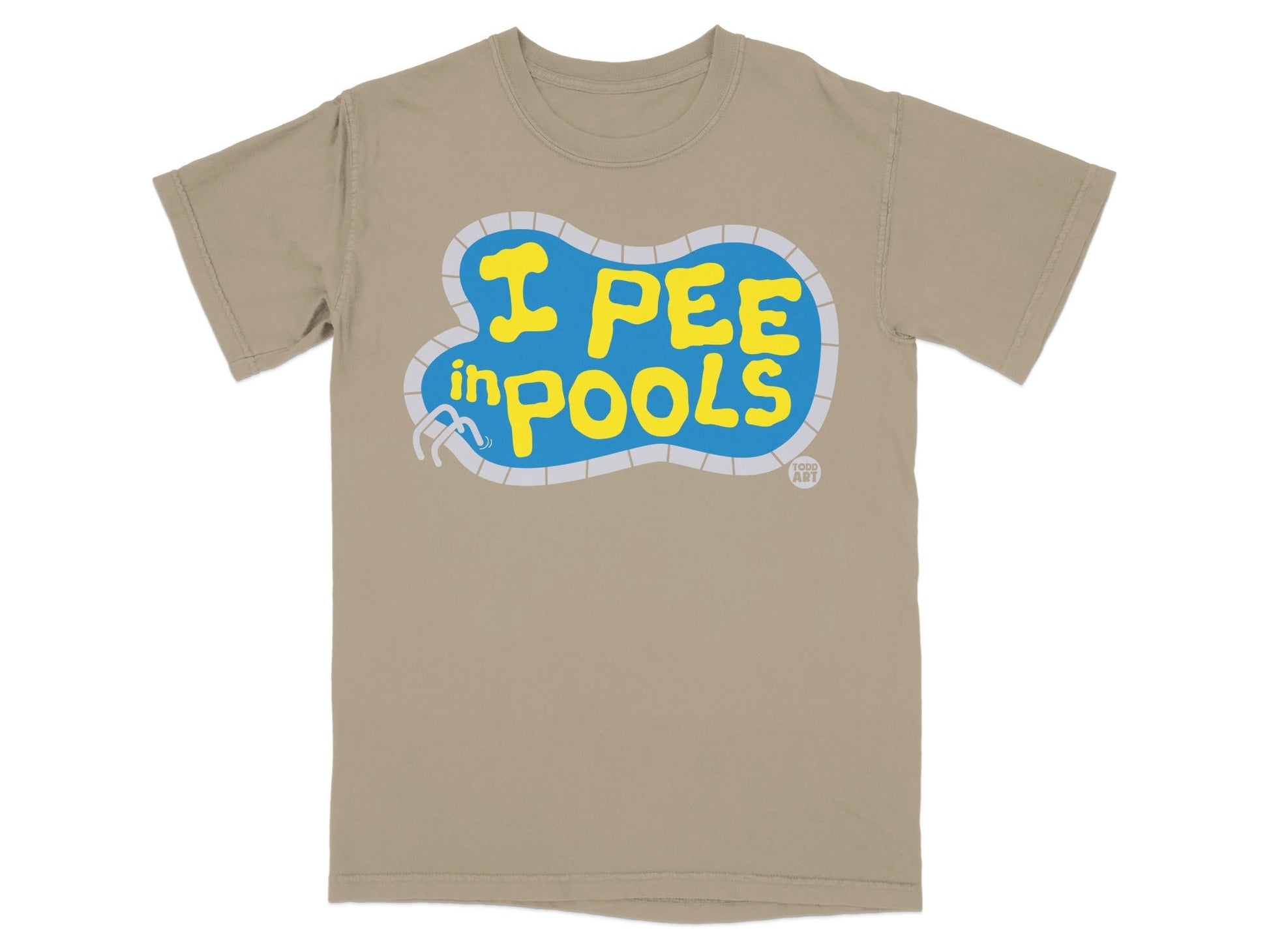 Tan t-shirt with blue pool graphic and "I PEE IN POOLS" text.