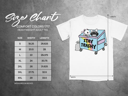 Size chart for Comfort Colors 1717 Heavyweight Adult Tee with measurements.