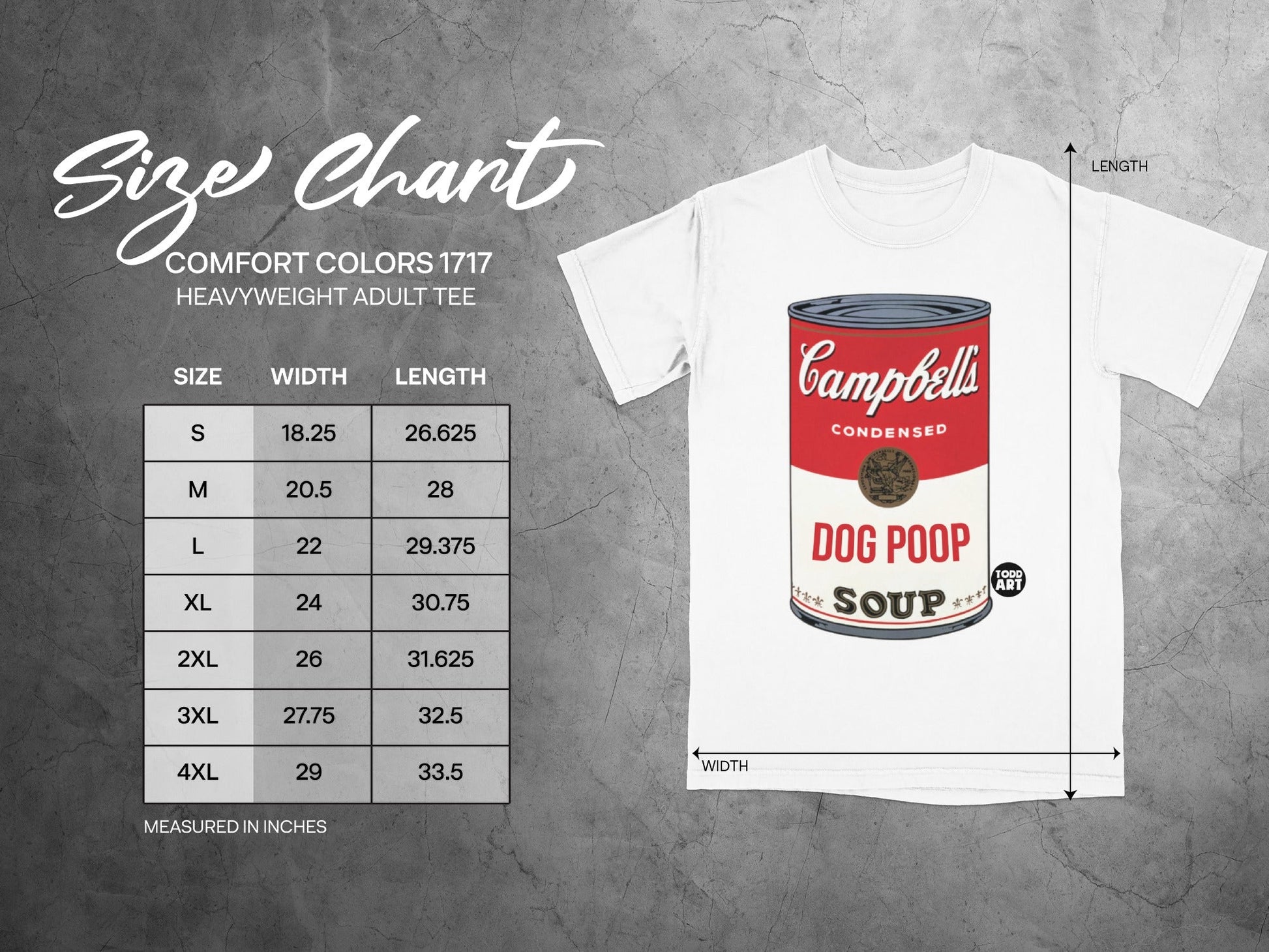 T-shirt size chart with measurements and a Campbell's soup can graphic.