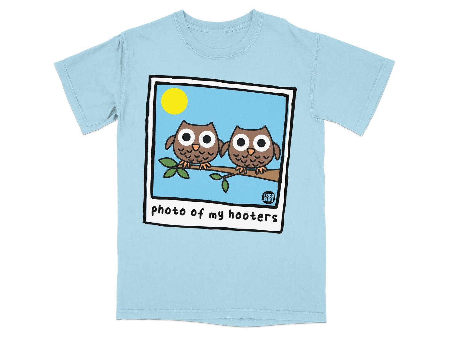 Two cartoon owls on a branch in a photo frame with text.