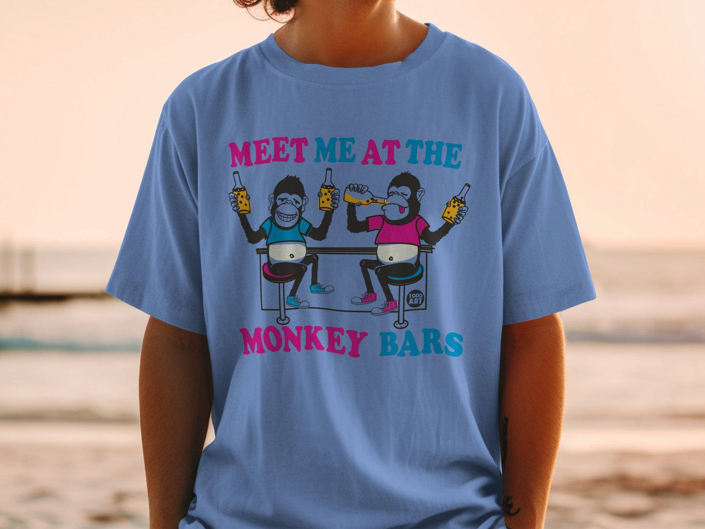 Two cartoon monkeys drink from bottles at a bar, "Meet Me at the Monkey Bars" text.