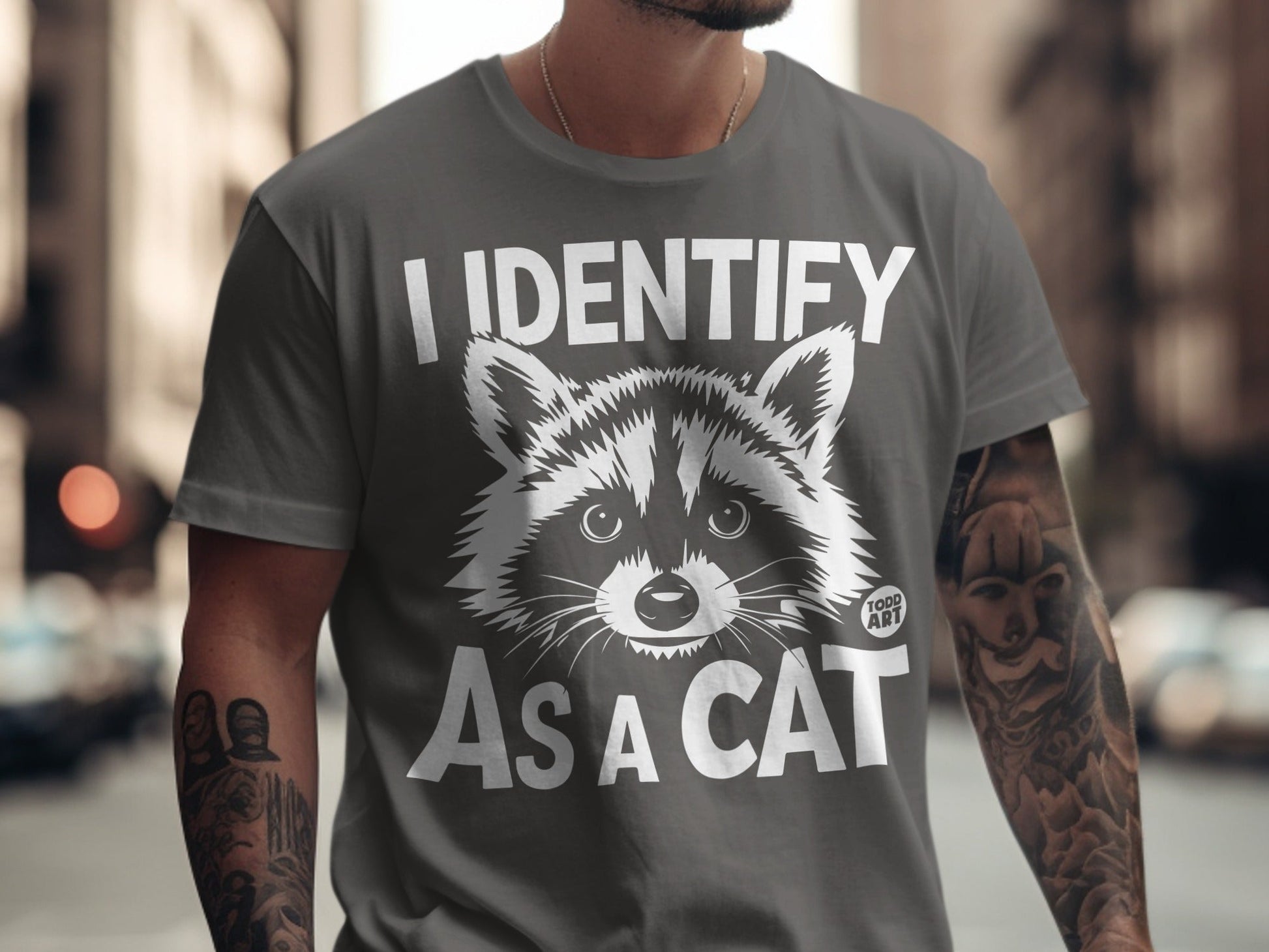 Gray t-shirt with "I IDENTIFY AS A CAT" and raccoon graphic.