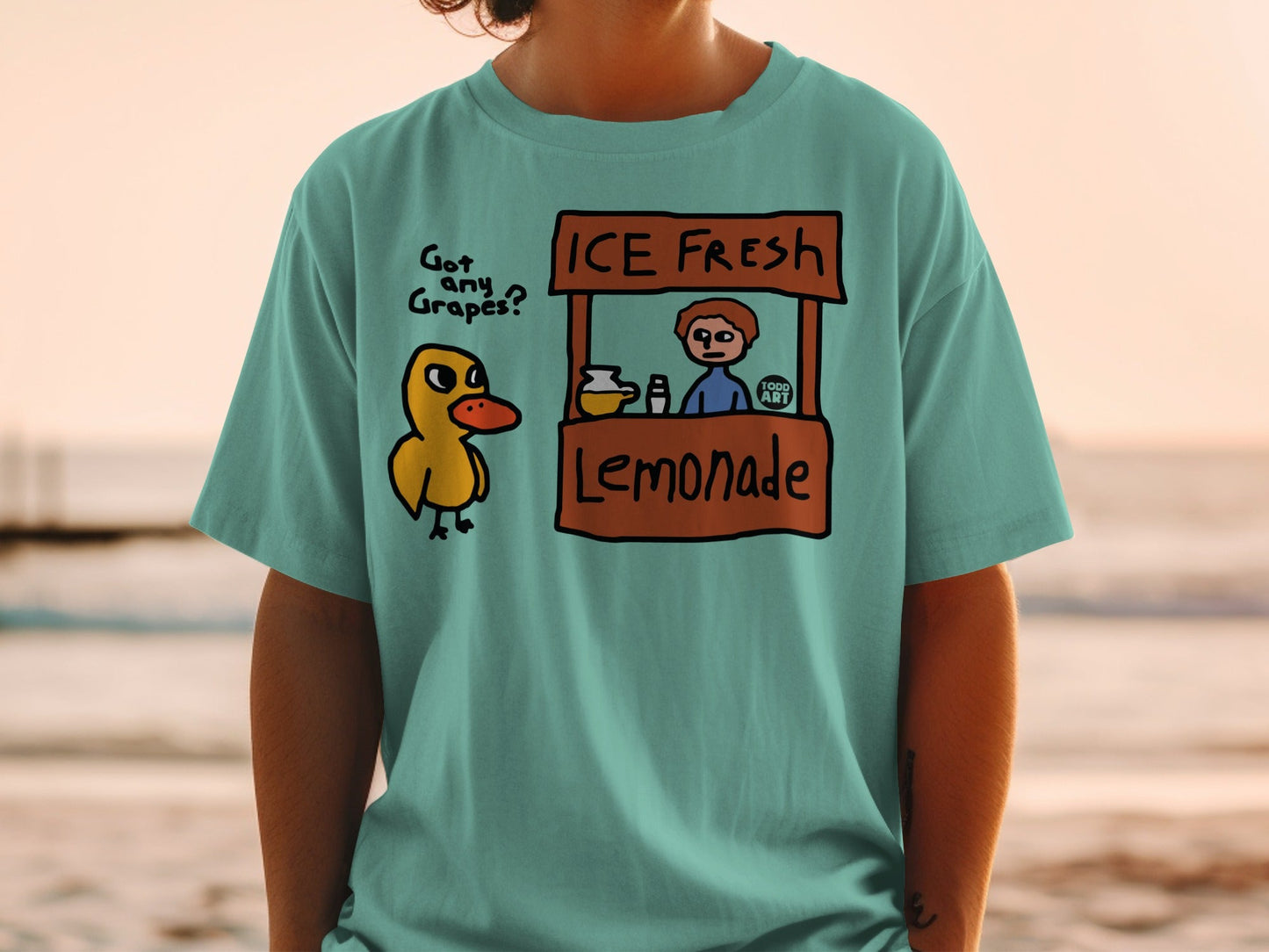 Duck at lemonade stand asking "Got any grapes?".
