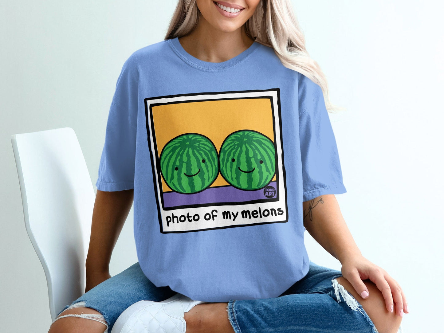T-shirt with two smiling watermelons and text "photo of my melons".