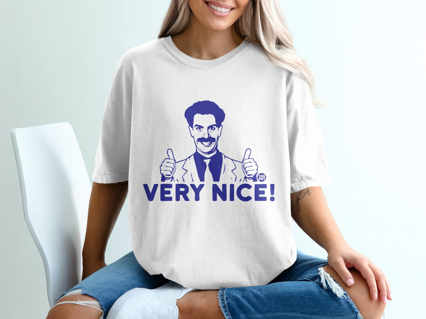 White t-shirt with "VERY NICE!" and Borat graphic.