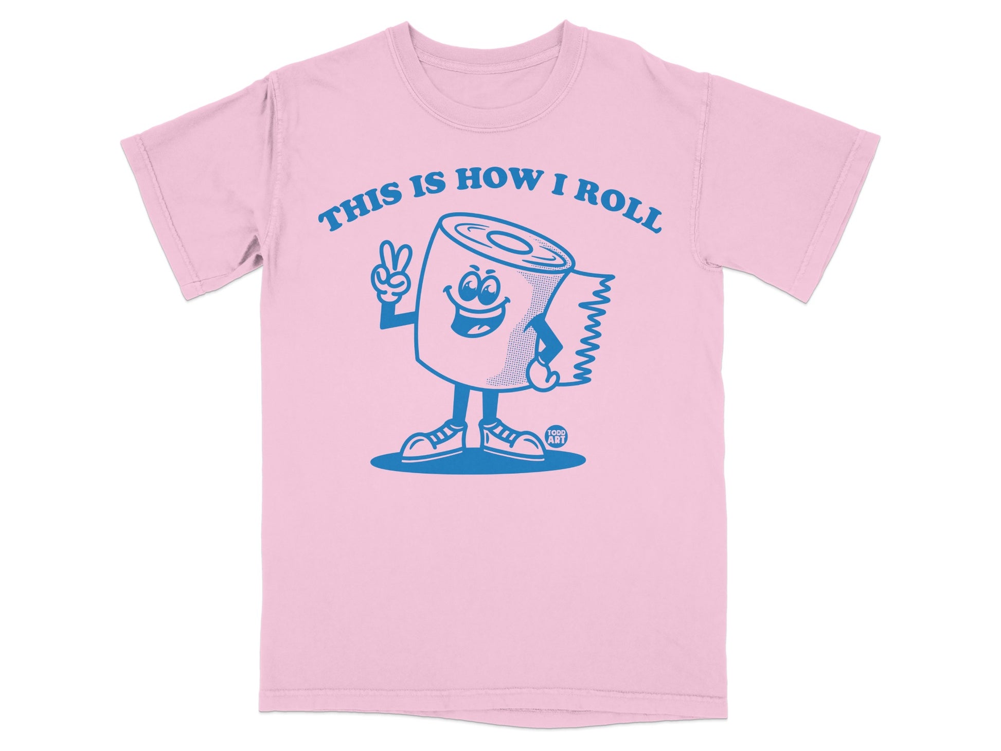 Pink t-shirt with cartoon toilet paper roll giving a peace sign.