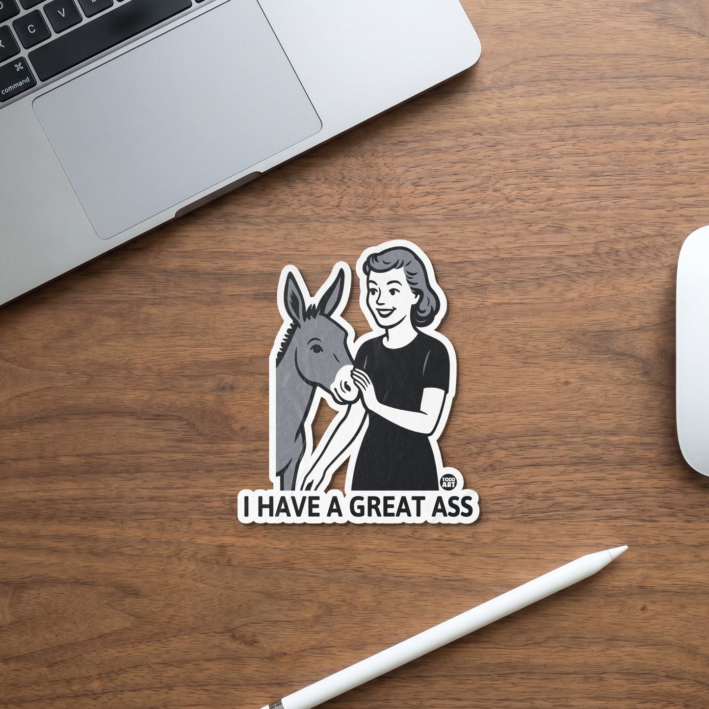 Sticker of a woman and donkey with text "I HAVE A GREAT ASS".