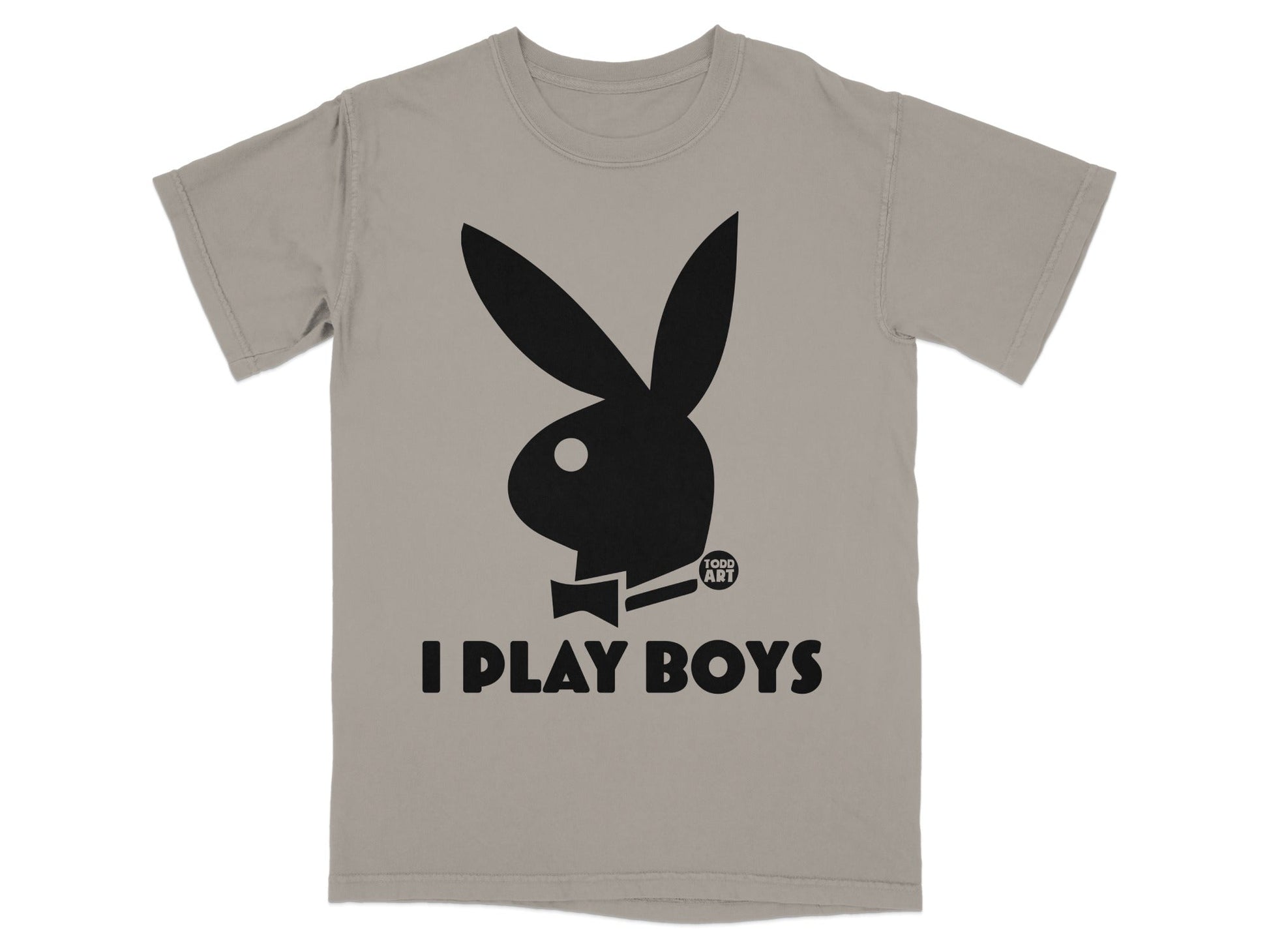 Gray t-shirt with black Playboy bunny logo and "I PLAY BOYS" text.