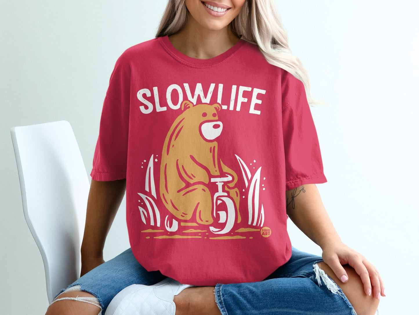 Slow Life Bear Riding Bicycle Graphic T-Shirt