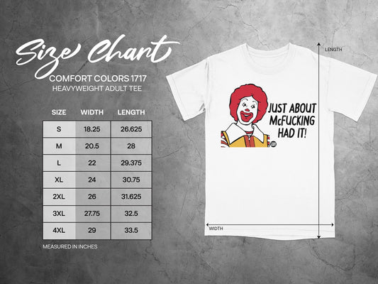 Comfort Colors 1717 size chart for heavyweight adult tee with graphic.