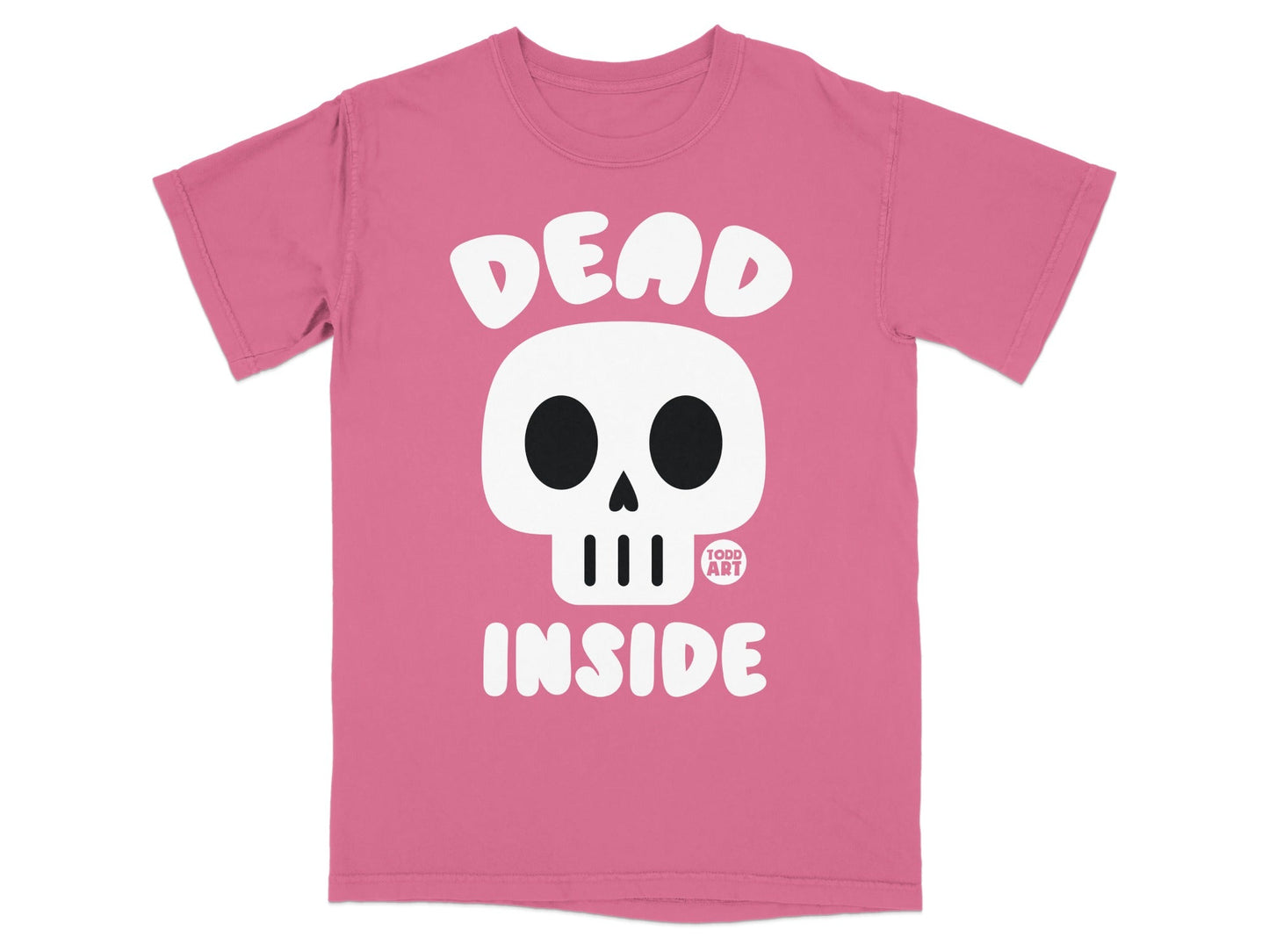 Pink t-shirt with a white skull and "DEAD INSIDE" text.