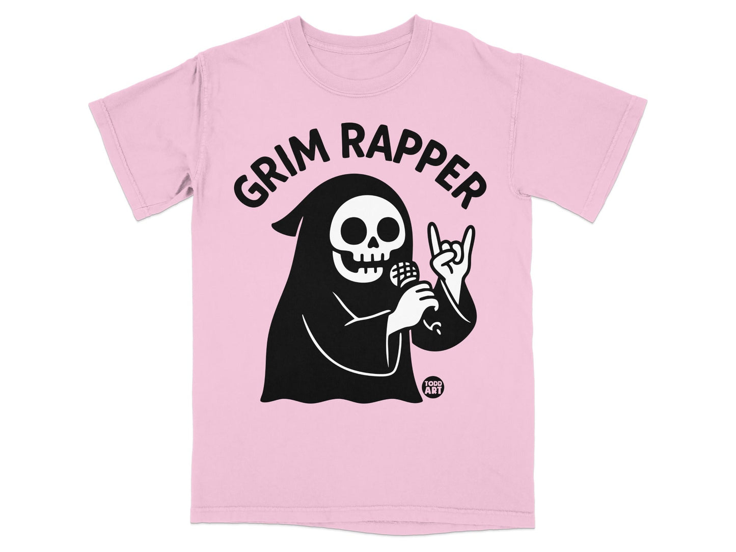 Pink t-shirt with Grim Reaper holding a microphone, "Grim Rapper" text above.