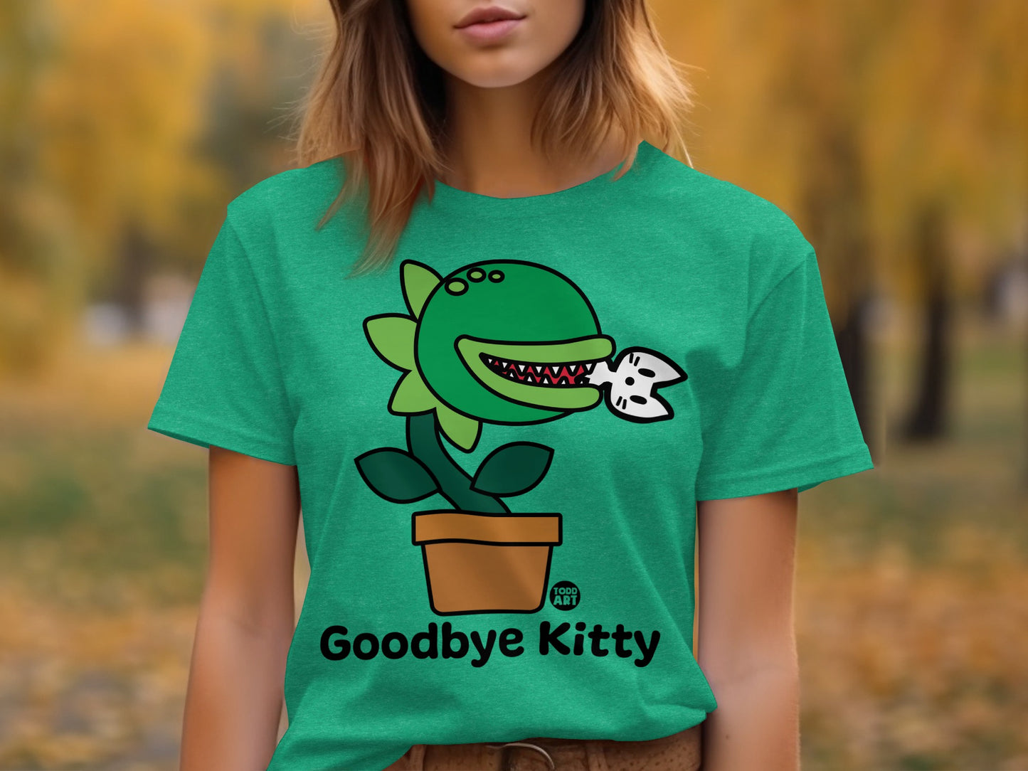 Goodbye Kitty Graphic Tee with Potted Plant Design