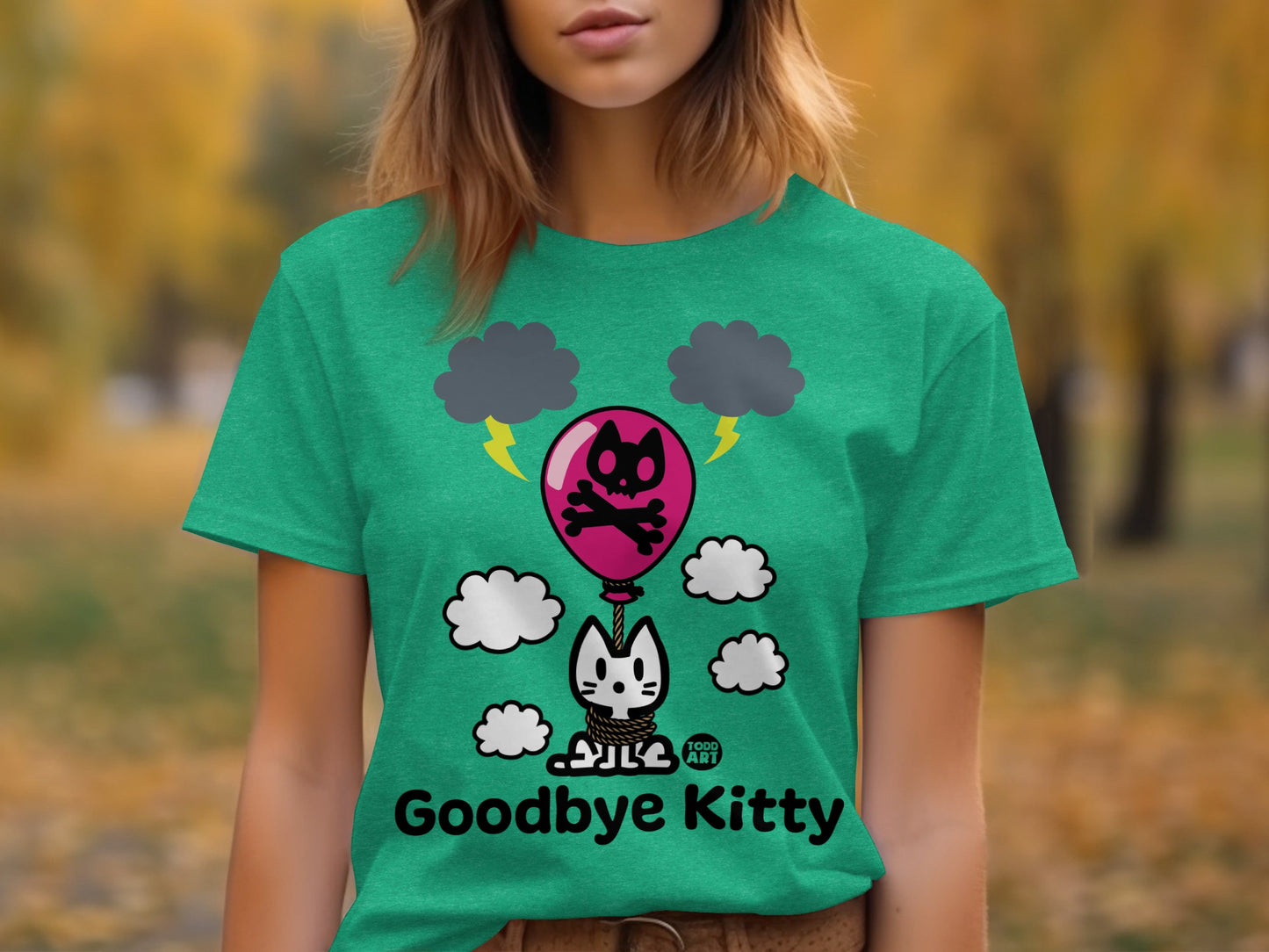Green Goodbye Kitty T-Shirt with Fun Balloon Design
