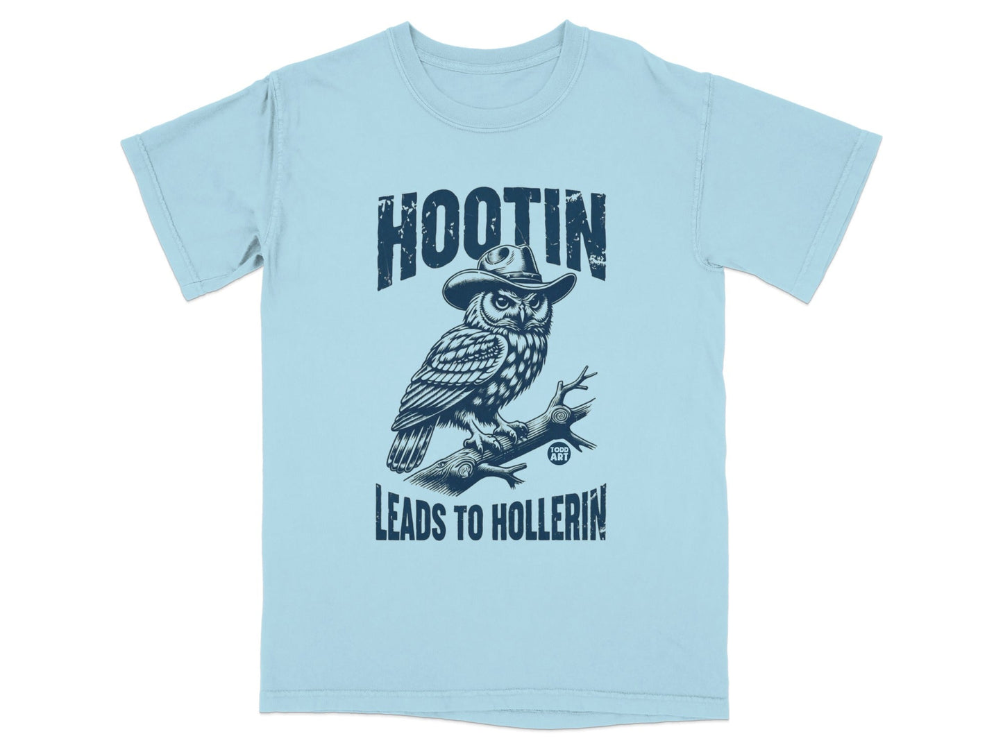 Light blue t-shirt with a graphic of an owl wearing a cowboy hat.
