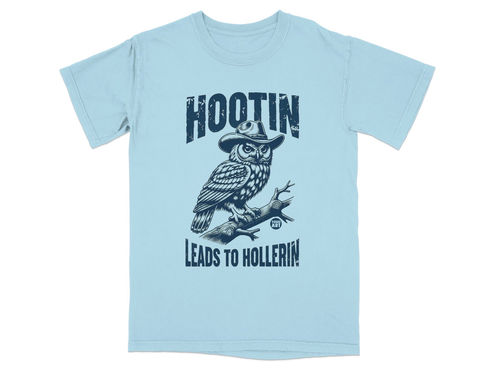 Light blue t-shirt with a graphic of an owl wearing a cowboy hat.
