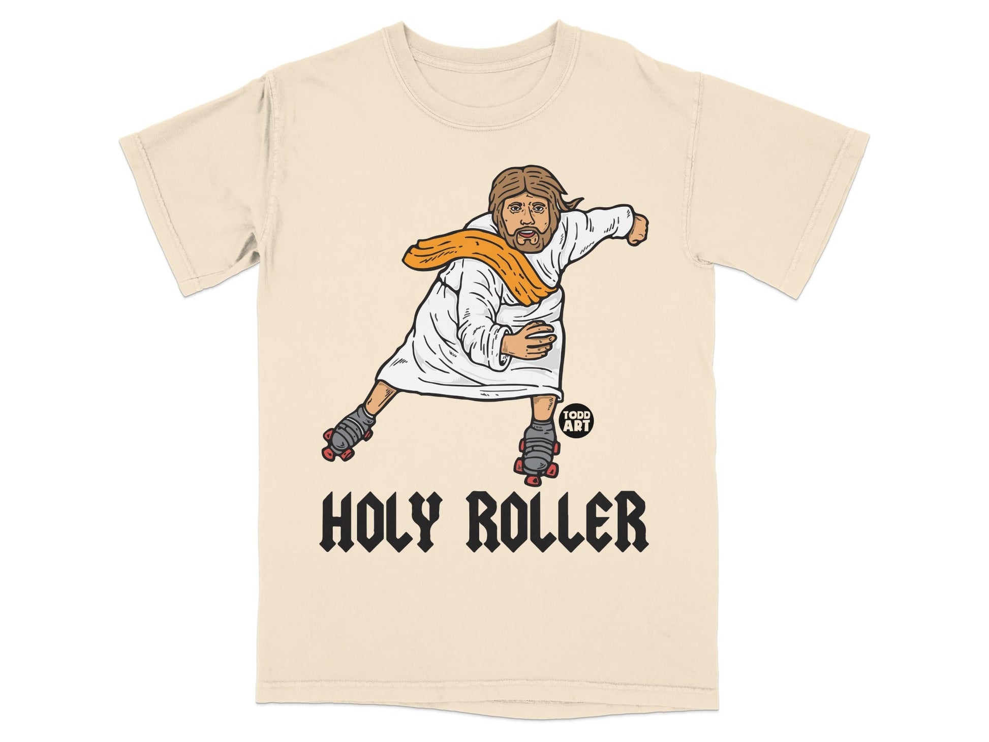 T-shirt with "HOLY ROLLER" graphic of Jesus on roller skates.