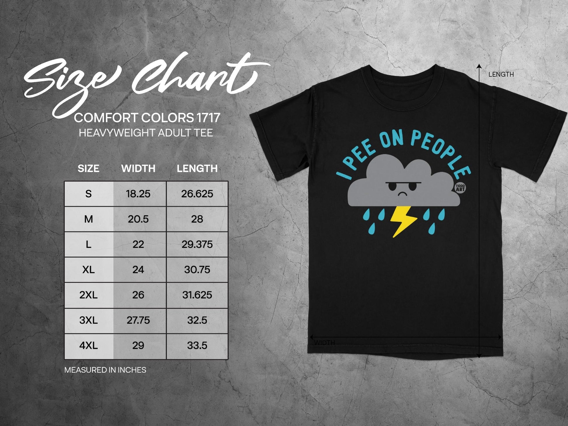 Comfort Colors 1717 size chart with "I pee on people" graphic.