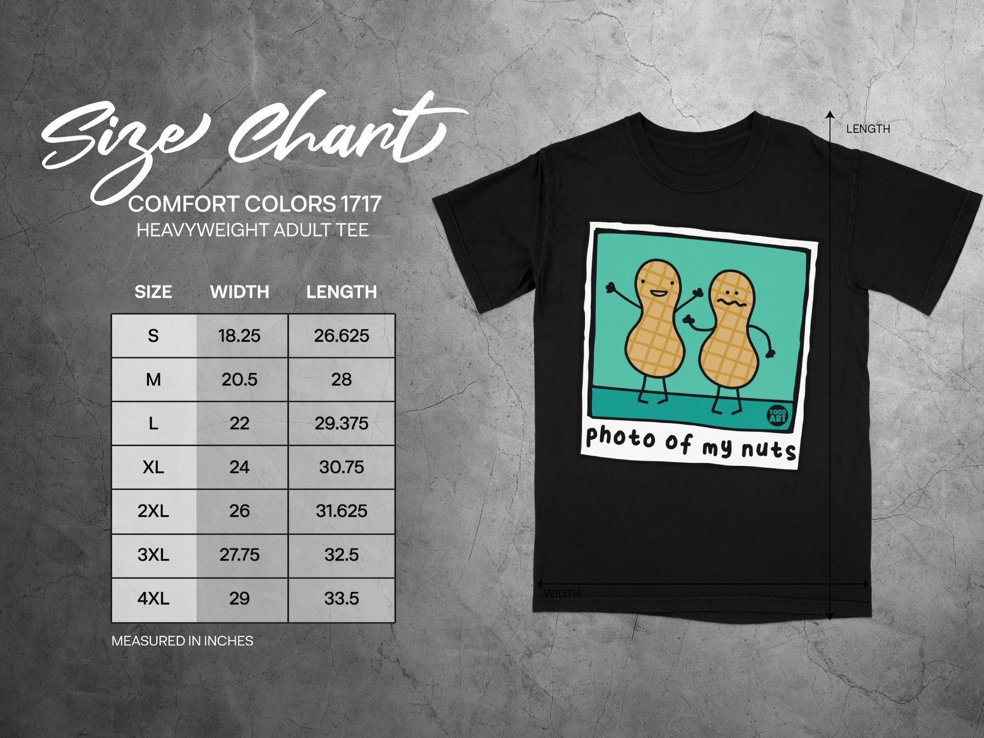 Size chart for Comfort Colors 1717 heavyweight adult tee.