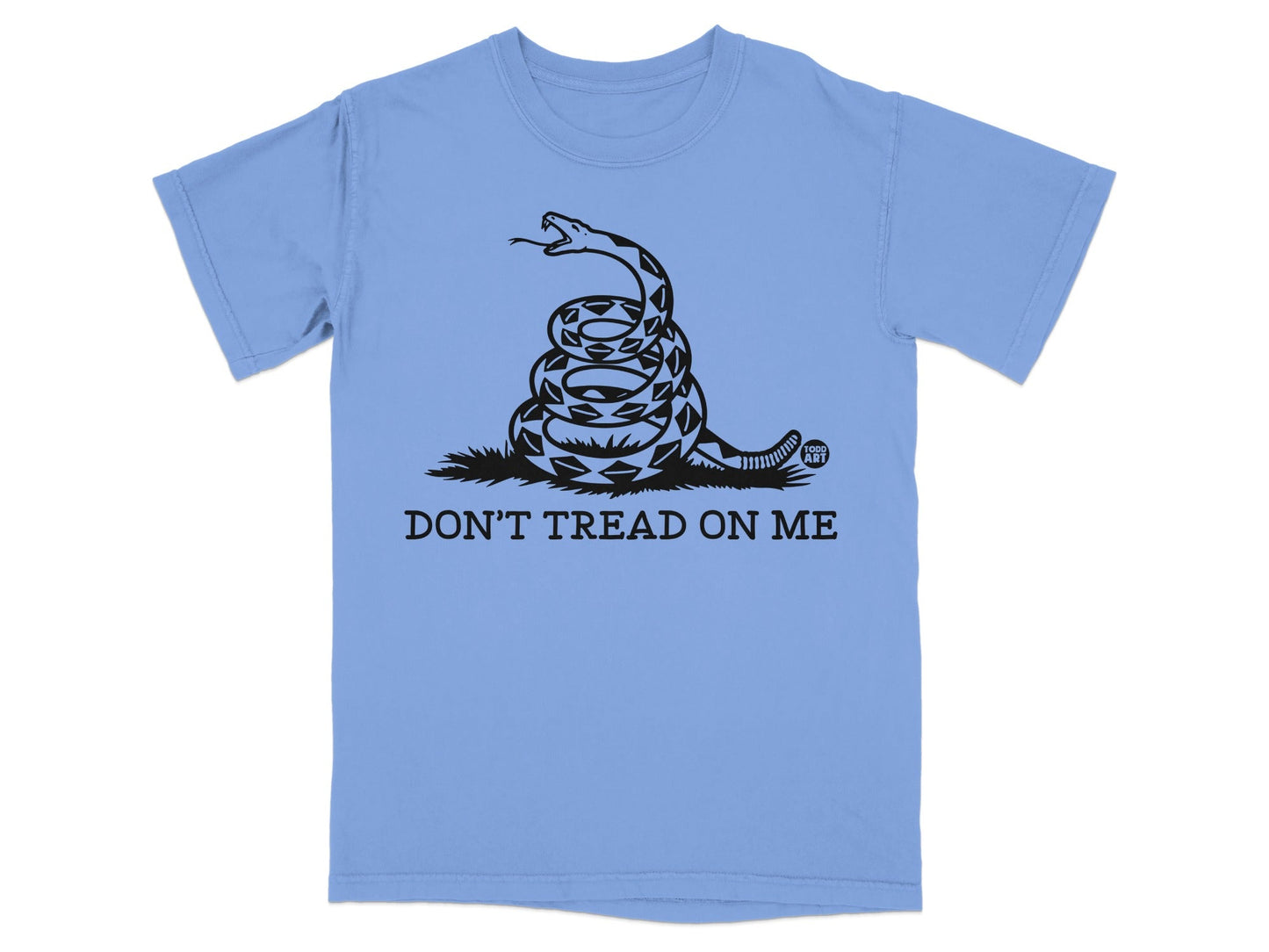 Light blue t-shirt with black coiled rattlesnake and "Don't Tread On Me" text.