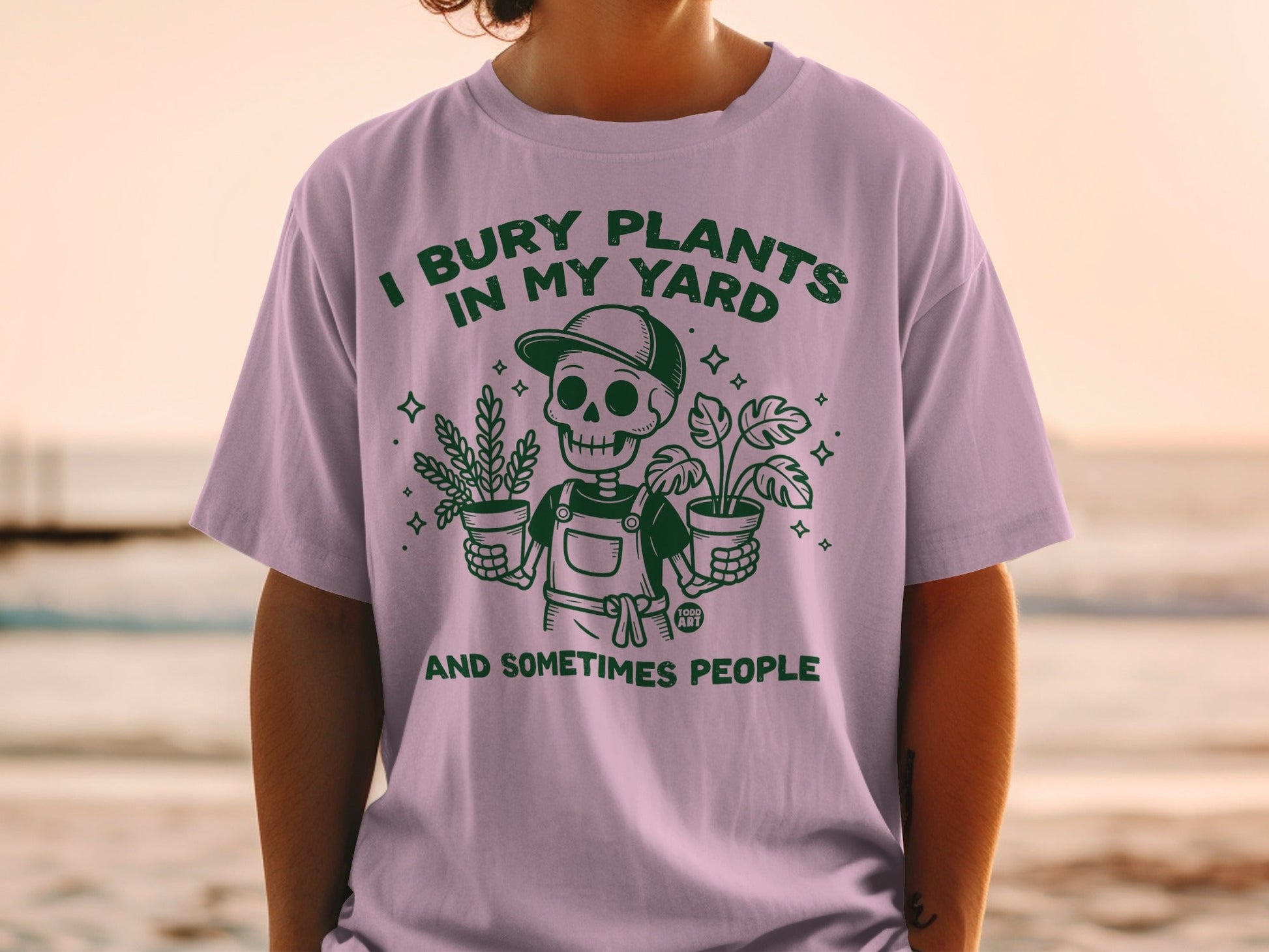 Skeleton holding potted plants, text: I bury plants in my yard and sometimes people.