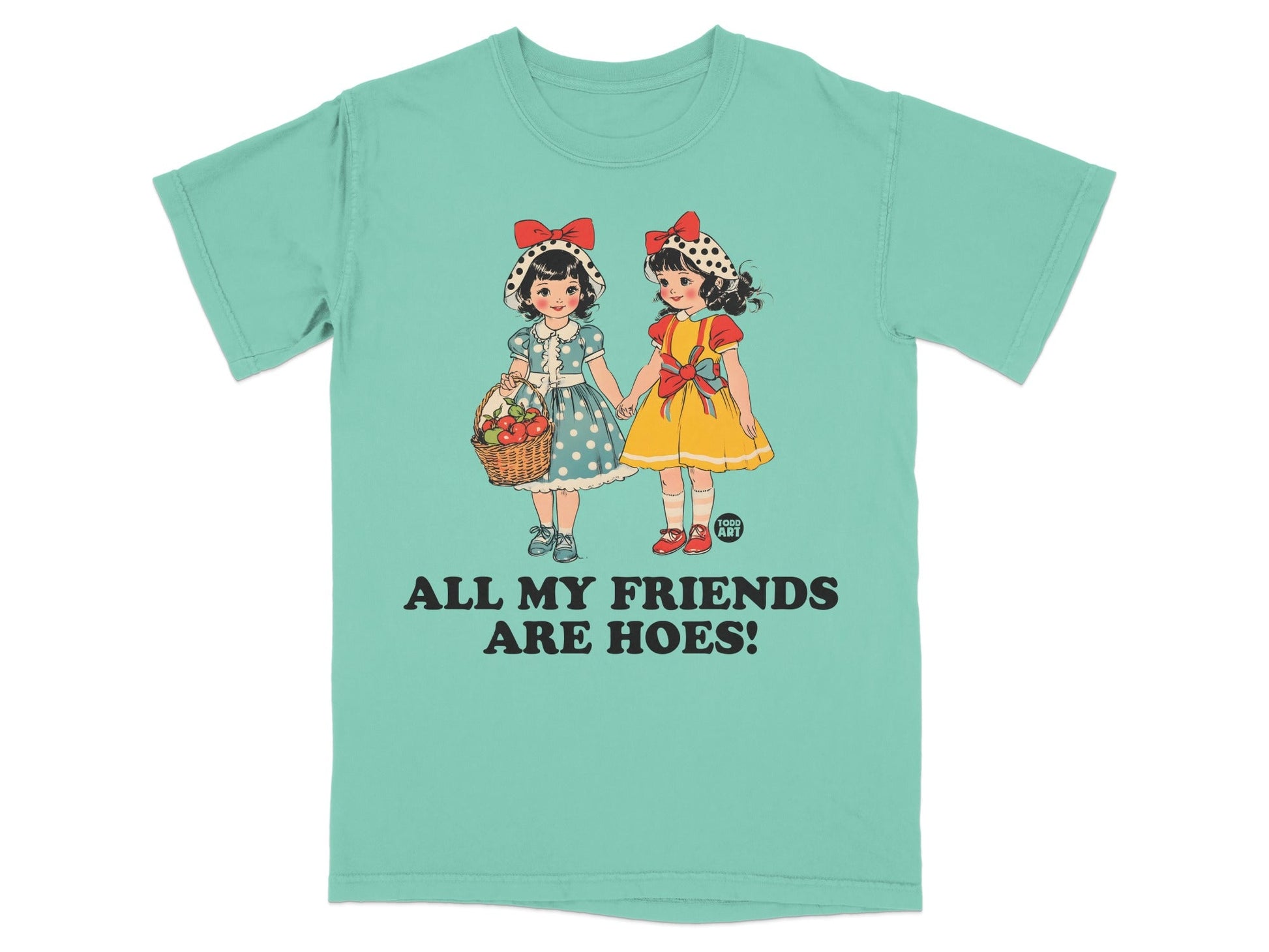 Two cartoon girls with red bows and dresses, one holding a basket.
