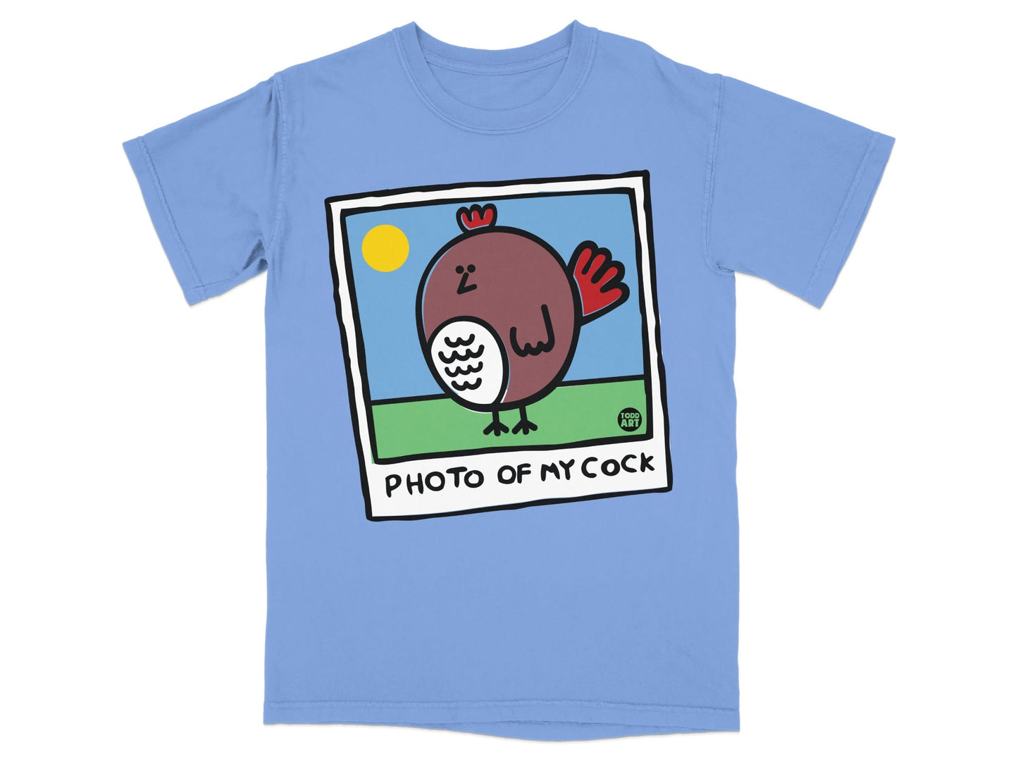 T-shirt with cartoon chicken in a photo frame and text "PHOTO OF MY COCK".