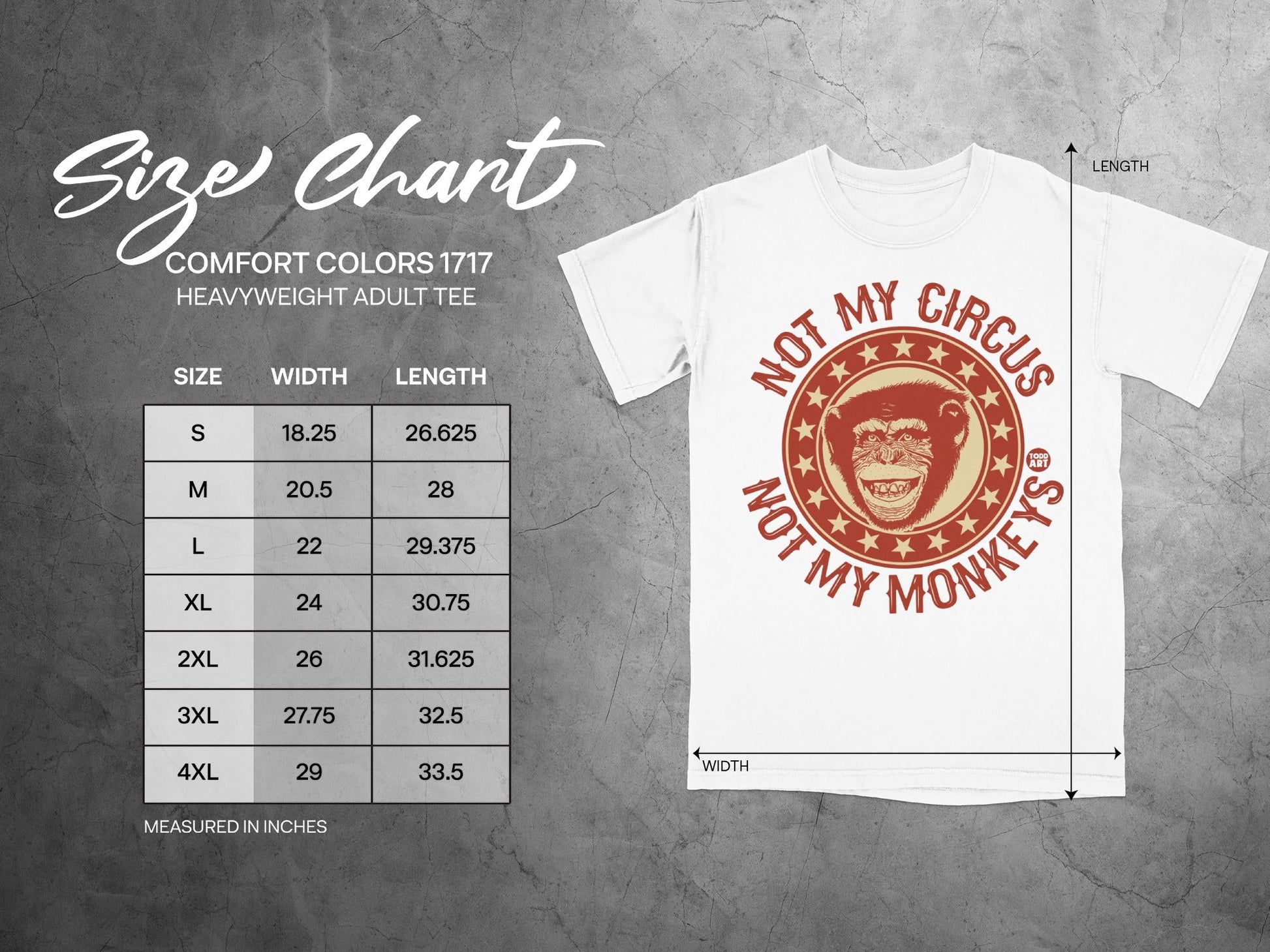 Size chart for Comfort Colors 1717 heavyweight adult tee with measurements.