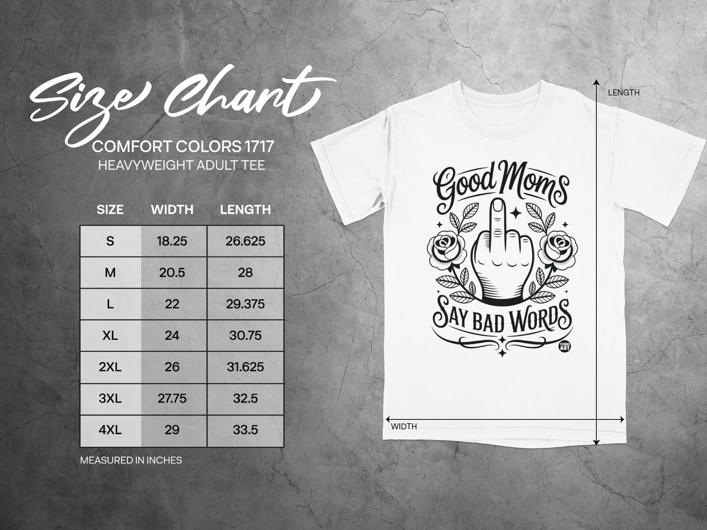 Size chart for Comfort Colors 1717 heavyweight adult tee with measurements.