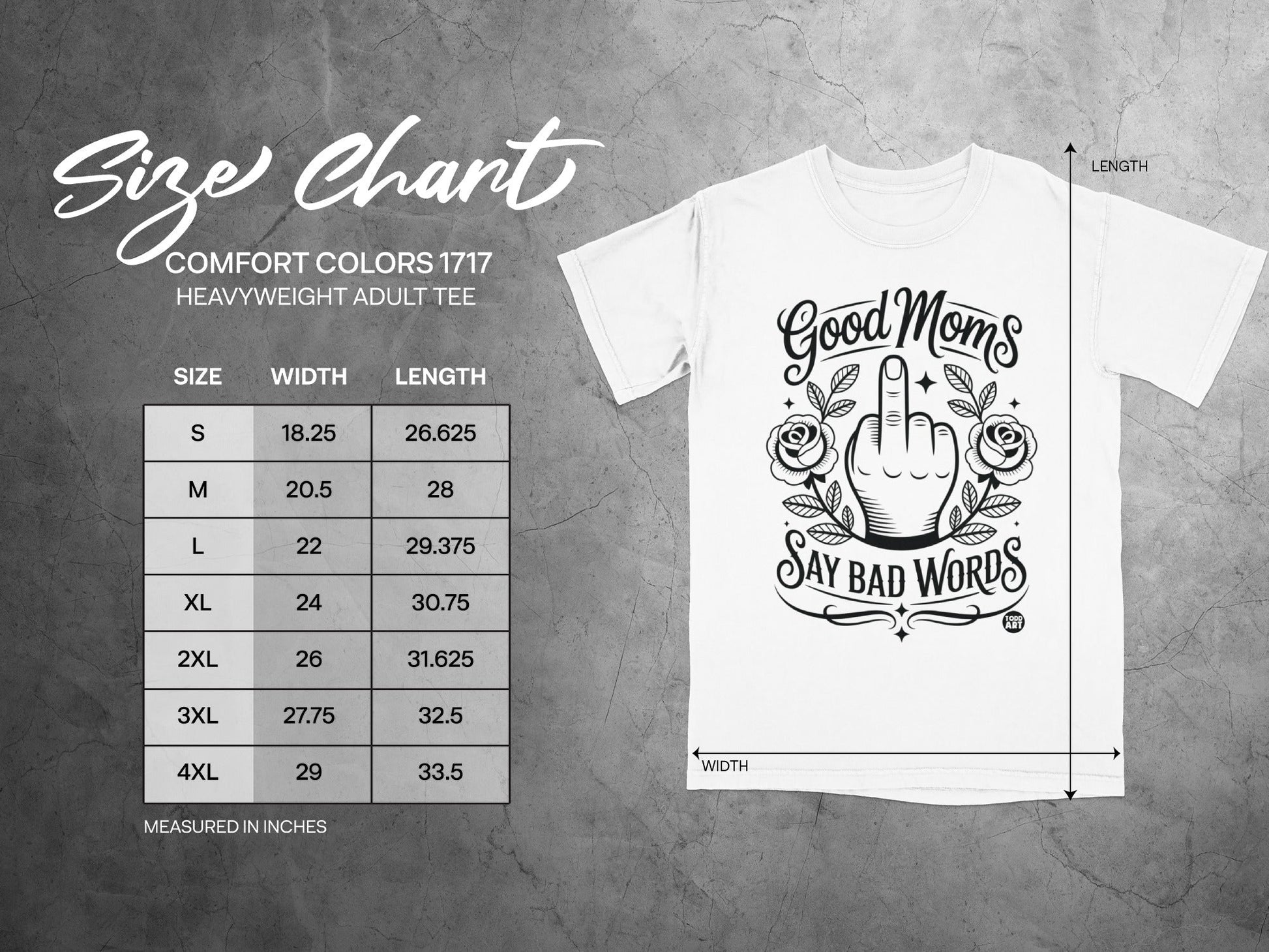 Size chart for Comfort Colors 1717 heavyweight adult tee with measurements.