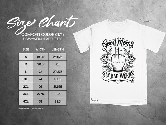 Size chart for Comfort Colors 1717 heavyweight adult tee with measurements.