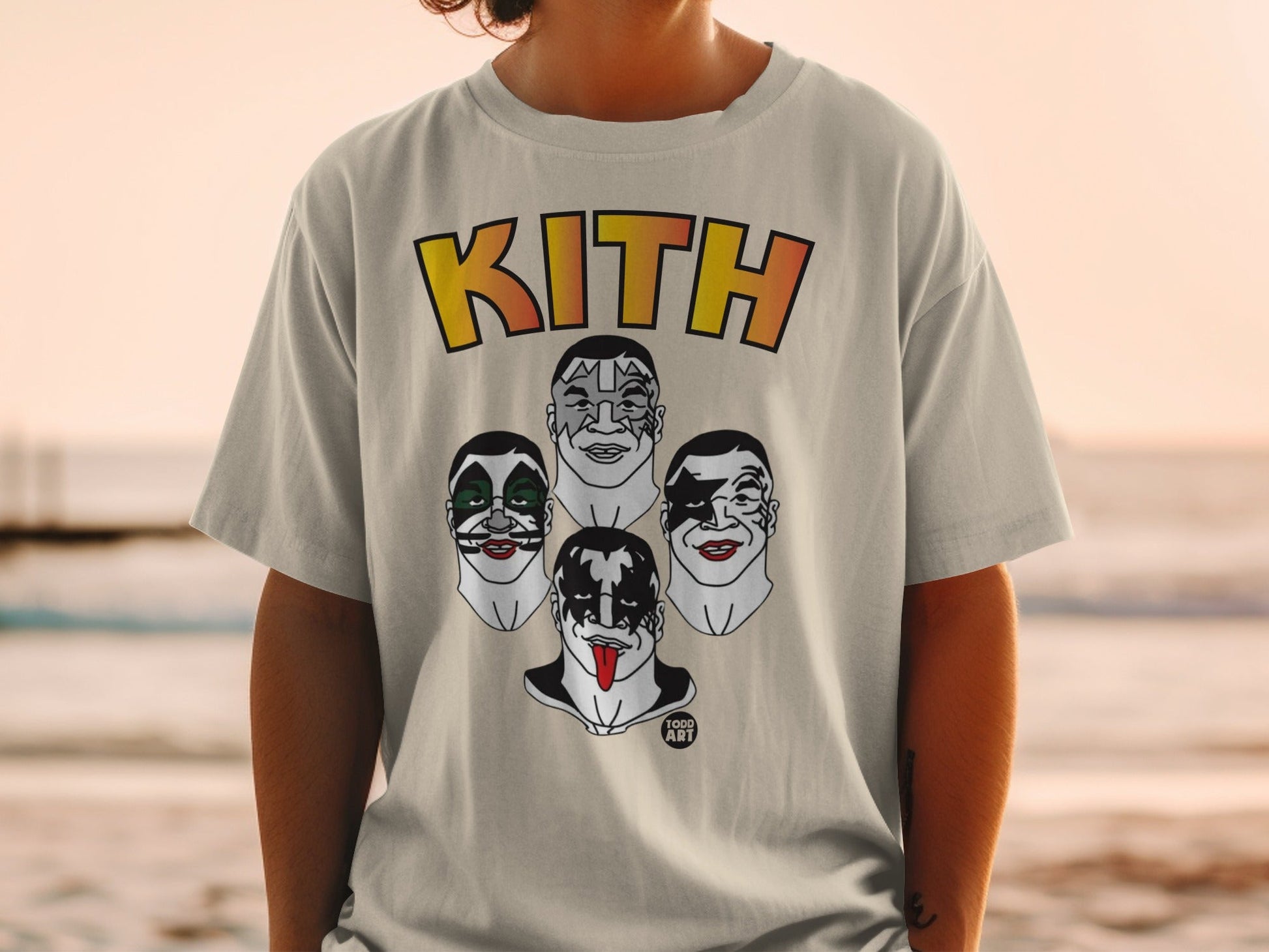 Kith t-shirt featuring KISS band members' makeup designs.