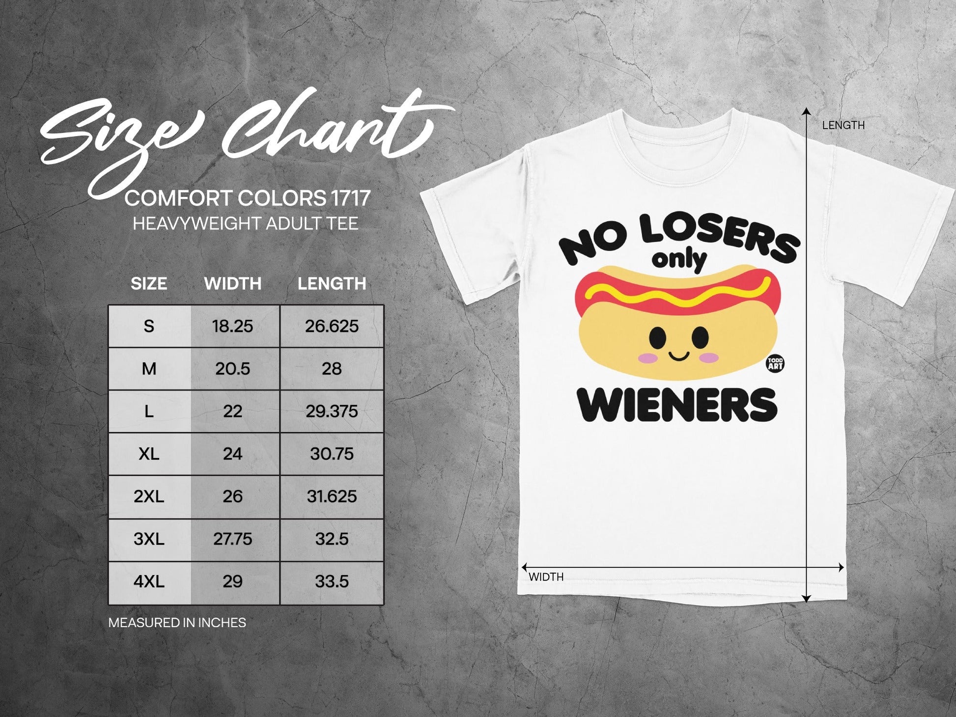 Comfort Colors 1717 heavyweight adult tee size chart with cartoon hot dog graphic.