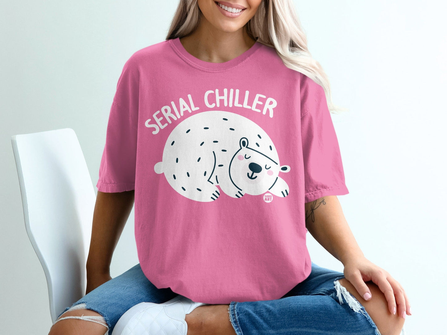 Serial Chiller Pink T-Shirt with Cute Sleeping Bear Design