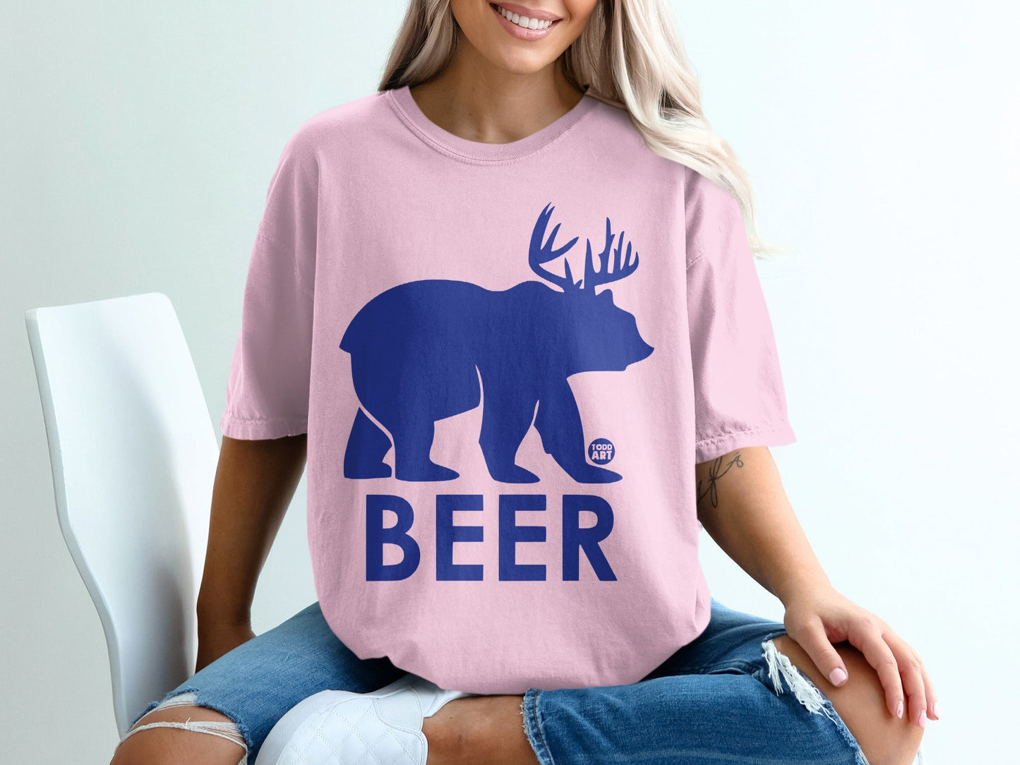 Funny Pink Beer Bear T-Shirt with Blue Graphic Design