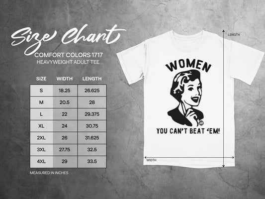 Comfort Colors 1717 heavyweight adult tee size chart with width and length measurements.