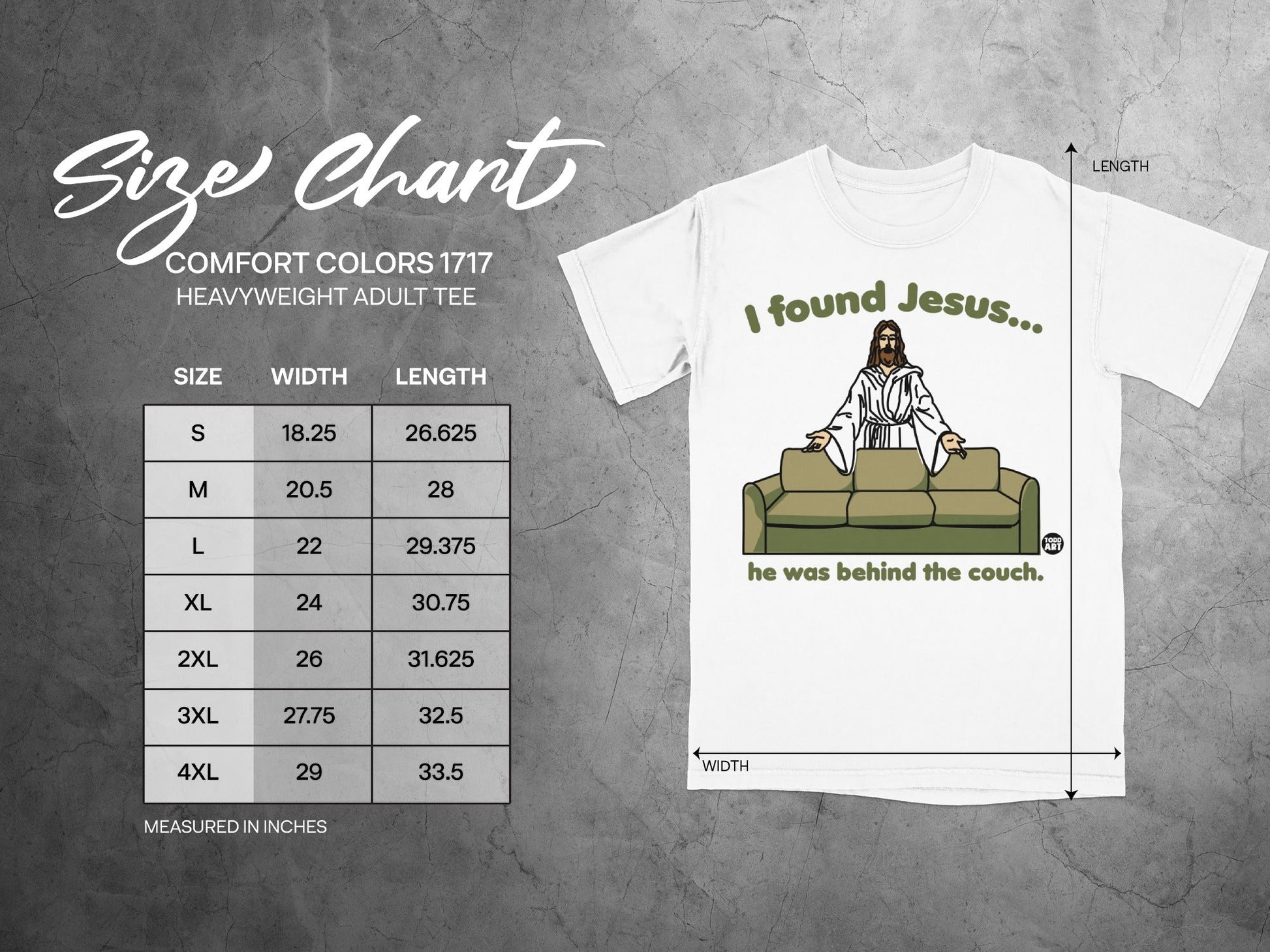 Comfort Colors 1717 size chart with graphic of Jesus behind a couch.