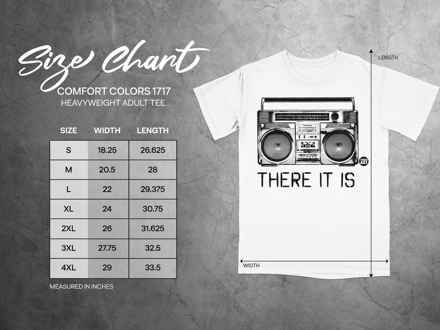Size chart for Comfort Colors 1717 heavyweight adult tee, with measurements in inches.