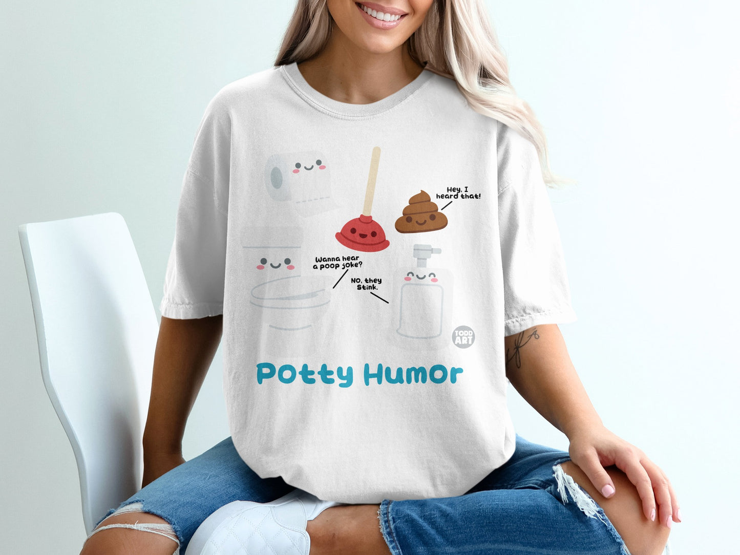 Toilet paper, plunger, soap dispenser, and poop character with text.