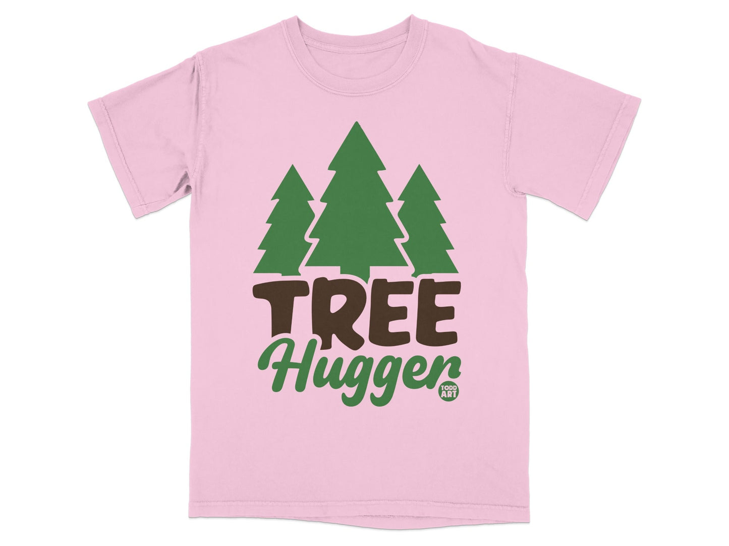 Pink t-shirt with green trees and "TREE Hugger" text.