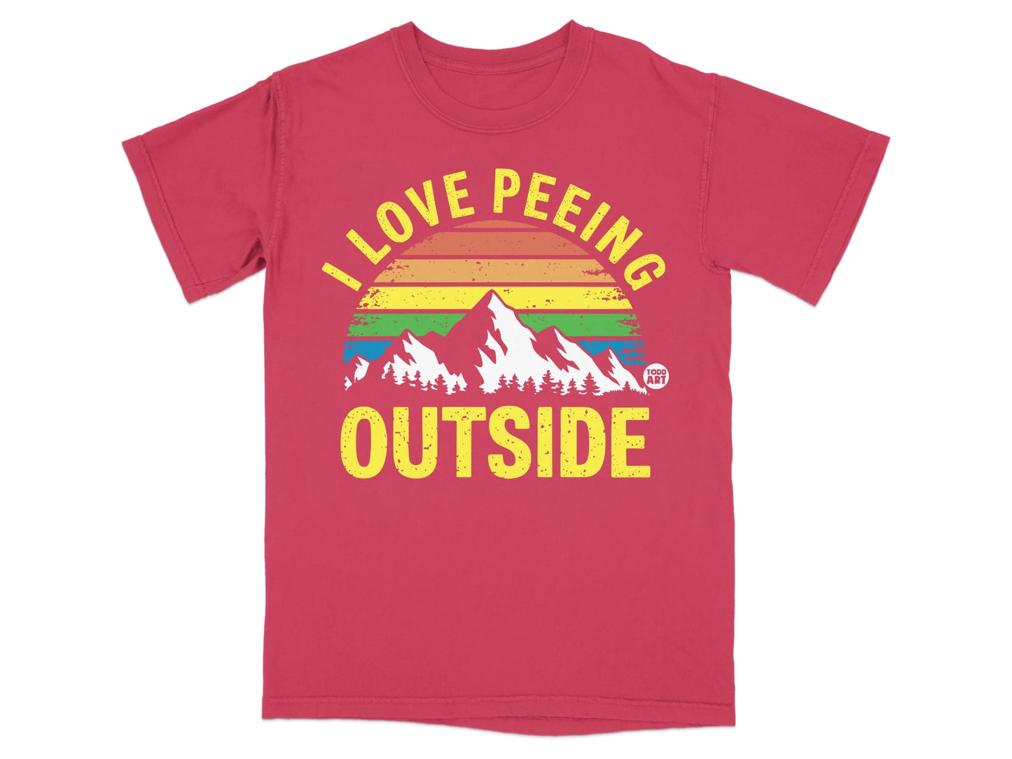 Red t-shirt with "I LOVE PEING OUTSIDE" text and mountain sunset graphic.