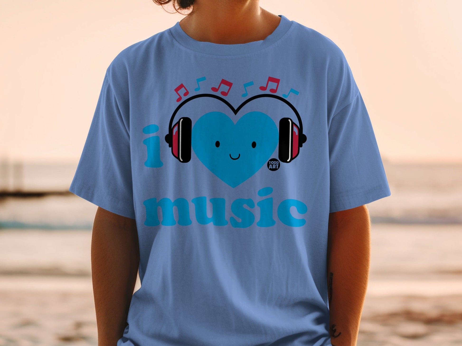I Love Music Headphones Graphic Blue T-shirt
